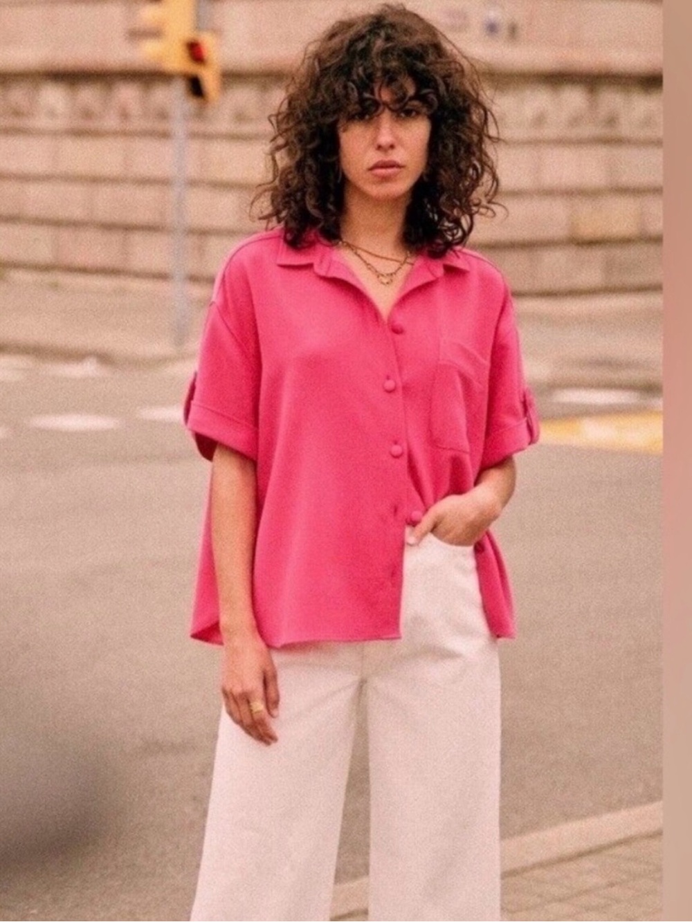 Sezane Laurine Button-Front Short Sleeve Top - Pink
